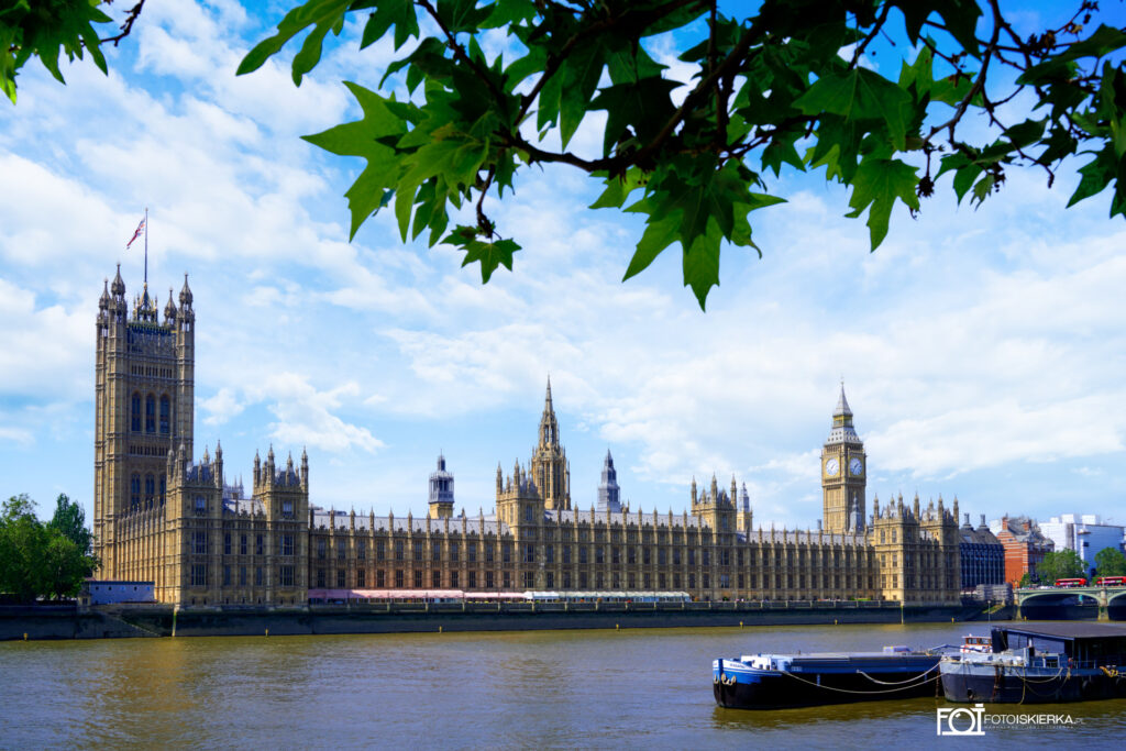 Fotoiskierka podziwia widok z promenady na Pałac Westminster (Parlament) w Lonynie- Anglia. Fotoskierka admires the view from the promenade of the Palace of Westminster (Parliament) in London - England
