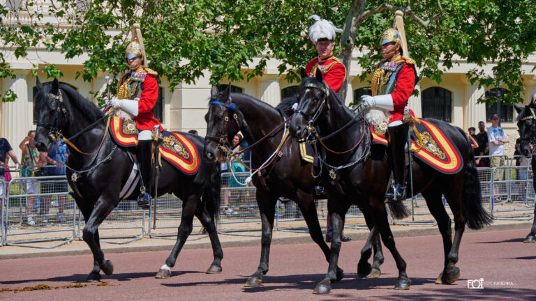 Gwardia królewska podczas zmiany warty w Londynie w Buckingham Palace i ceremonii „Beating Retreat. The photo sparkle is in London where the Changing of the Guard at Buckingham Palace and the "Beating Retreat" ceremony take place