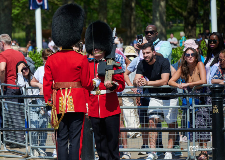 Gwardia królewska podczas zmiany warty w Londynie w Buckingham Palace i ceremonii „Beating Retreat. The photo sparkle is in London where the Changing of the Guard at Buckingham Palace and the "Beating Retreat" ceremony take place