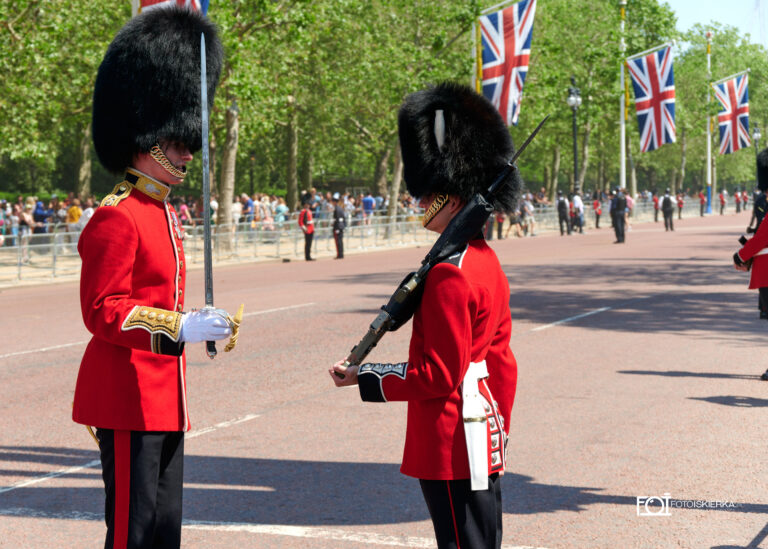 Gwardia królewska podczas zmiany warty w Londynie w Buckingham Palace i ceremonii „Beating Retreat. The photo sparkle is in London where the Changing of the Guard at Buckingham Palace and the "Beating Retreat" ceremony take place