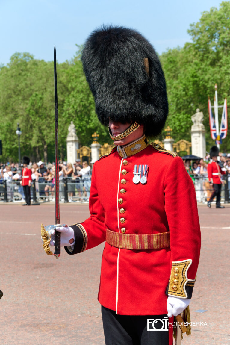 Gwardia królewska podczas zmiany warty w Londynie w Buckingham Palace i ceremonii „Beating Retreat. The photo sparkle is in London where the Changing of the Guard at Buckingham Palace and the "Beating Retreat" ceremony take place