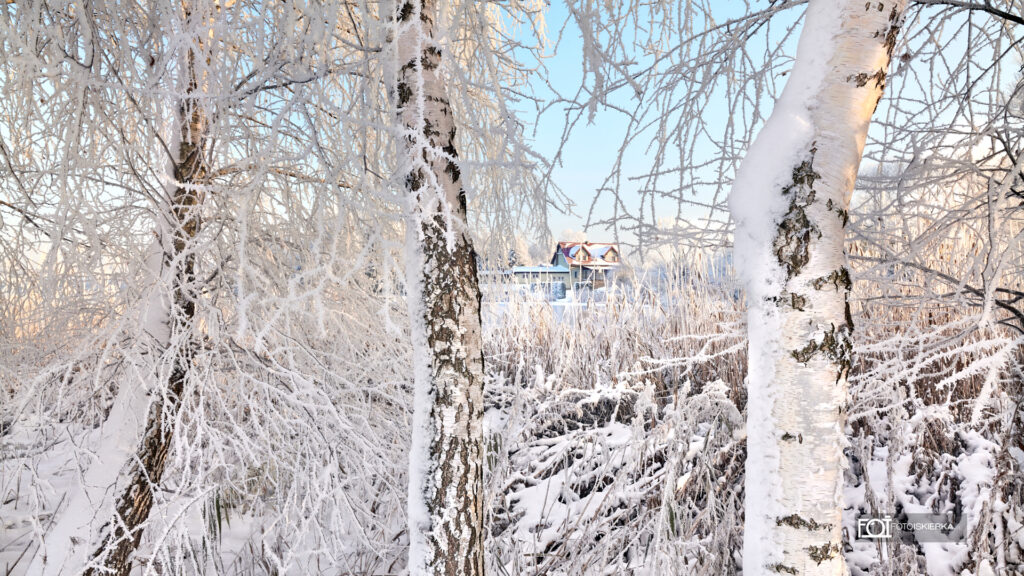 Zima na Mazurach w Polsce w Stanowie. W tle zamarznięte jezioro, ośnieżone pole