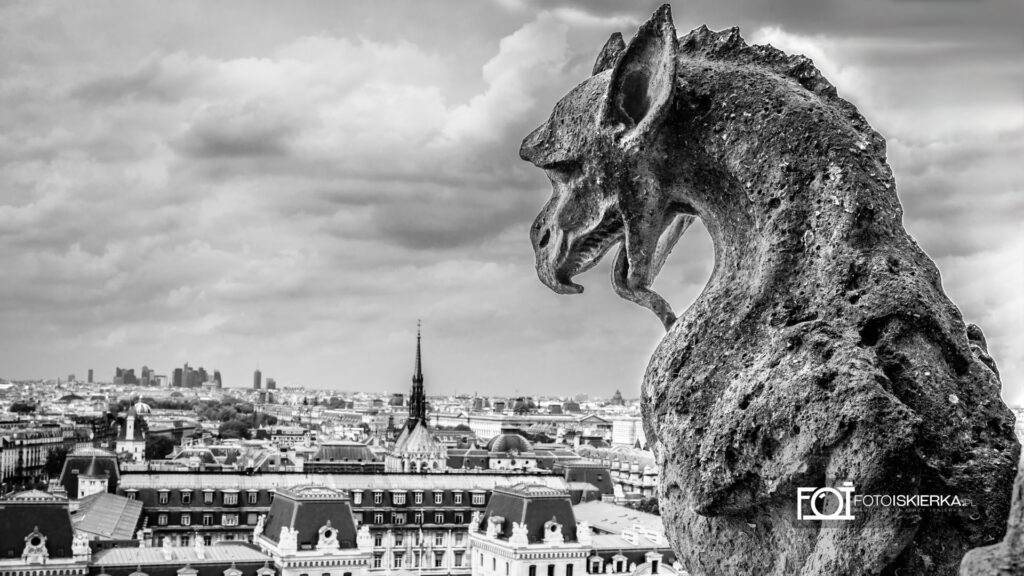 Chimera- Gargulec na wieży Notre Dam w Paryżu we Francji. Chimera- Gargoyle on the Notre Dam tower in Paris, France